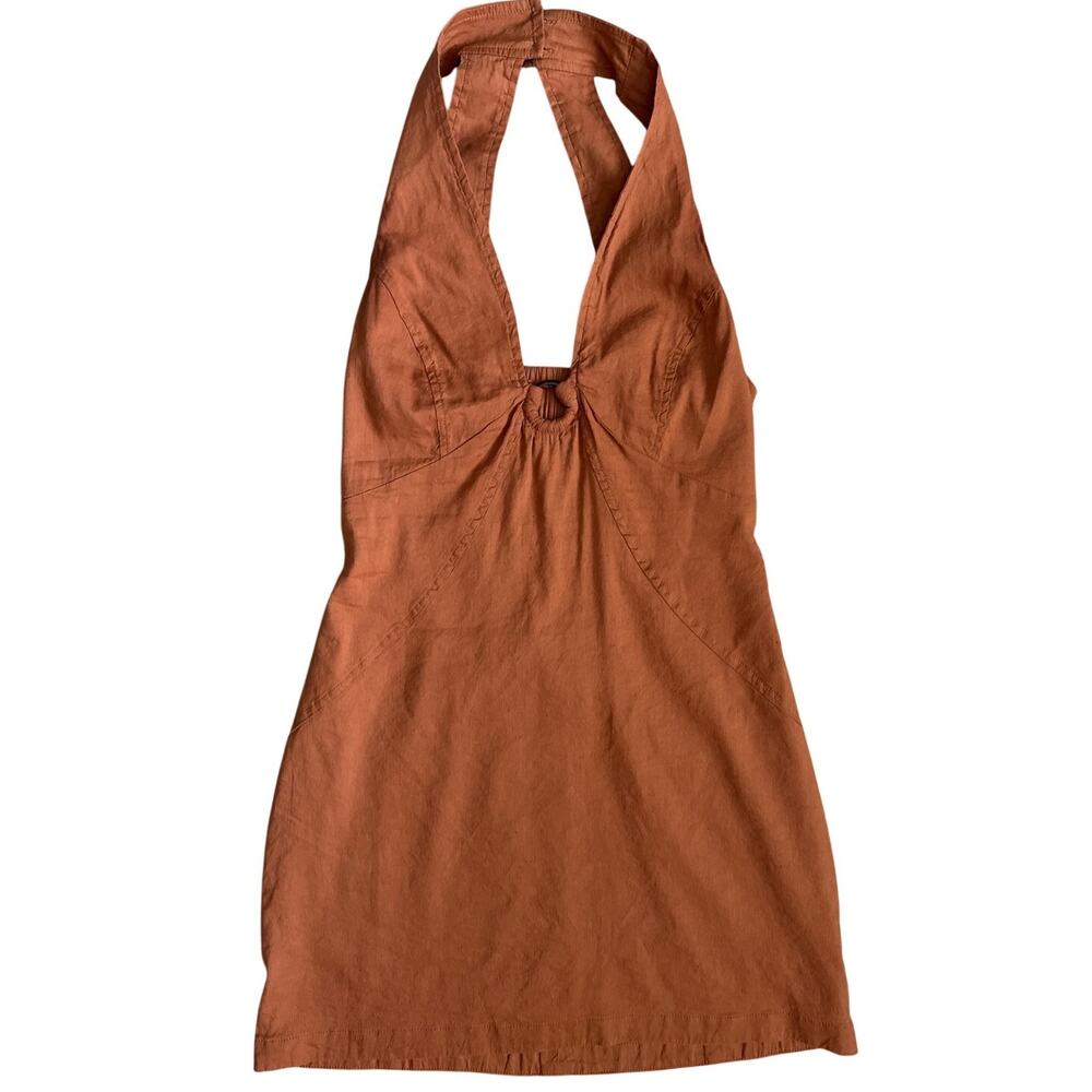 Anthropologie Maeve Halter Linen-Blend Mini Dress Brown Size 8 - Picture 9 of 11